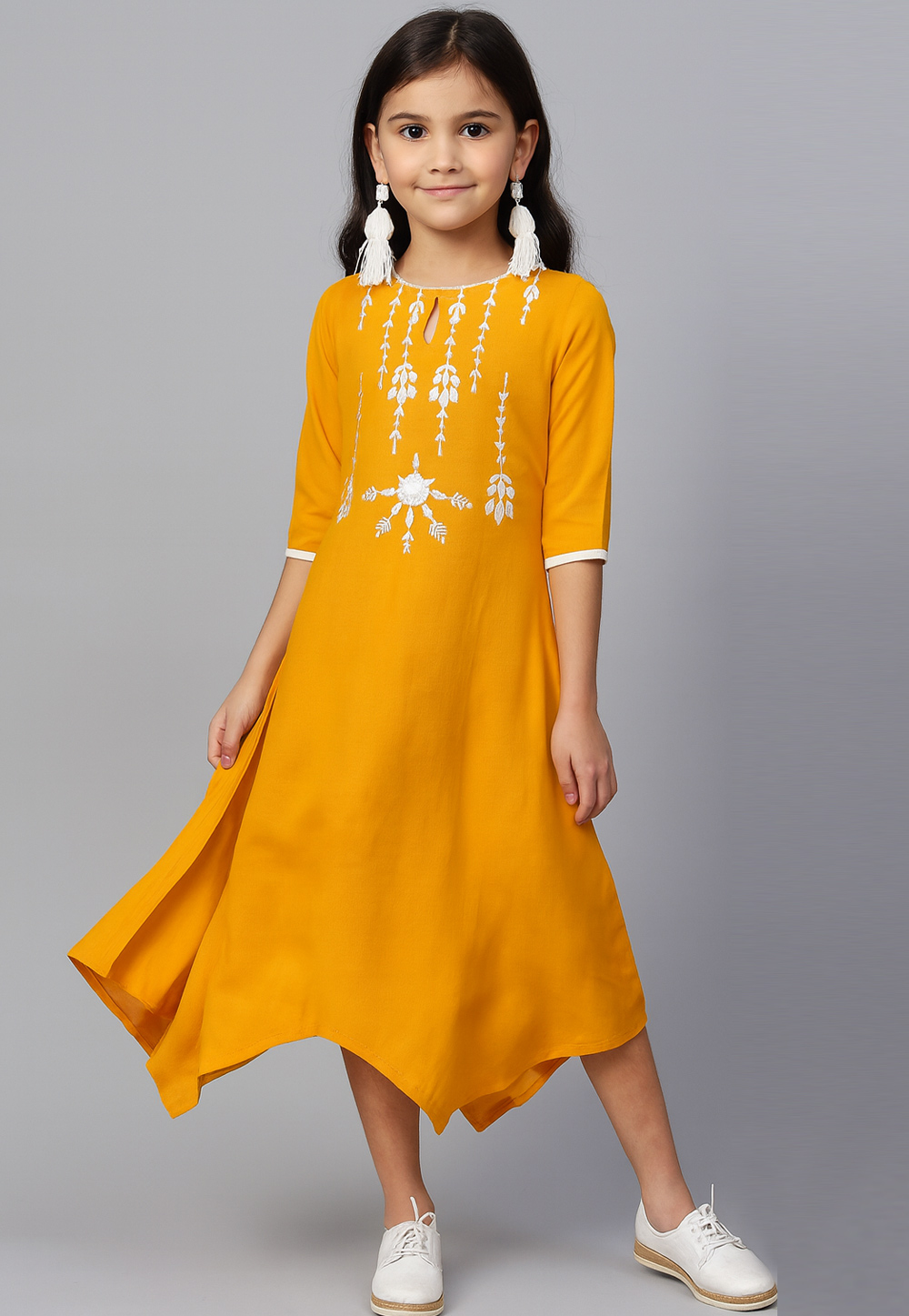 Yellow Cotton Rayon Readymade Kids Gown 320601