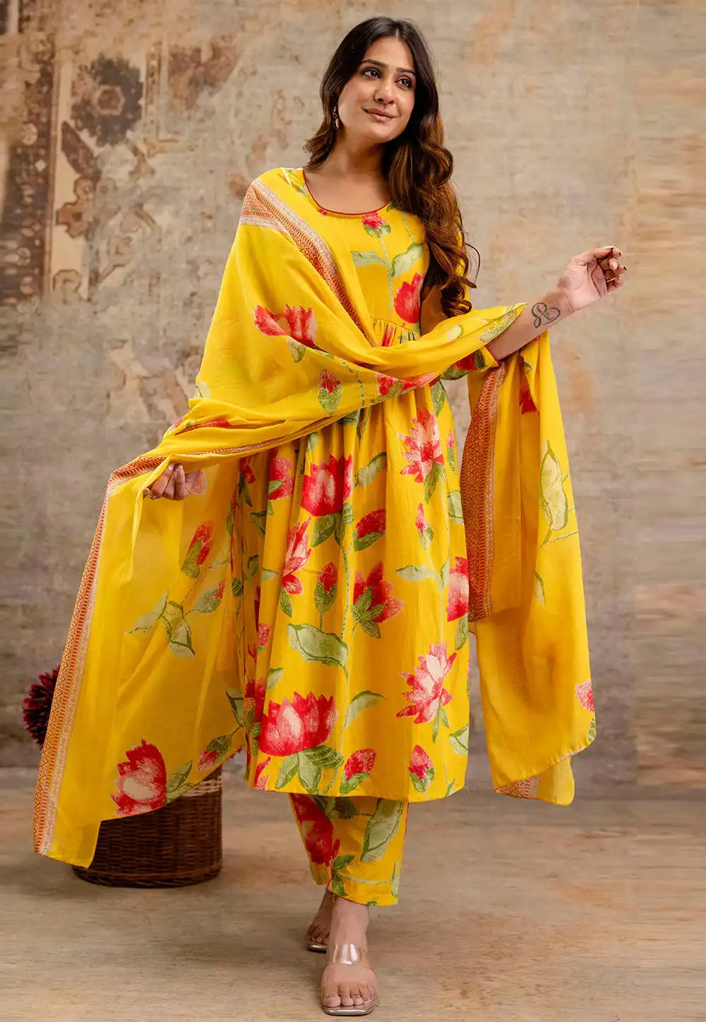 Yellow Cotton Readymade Anarkali Suit 314844