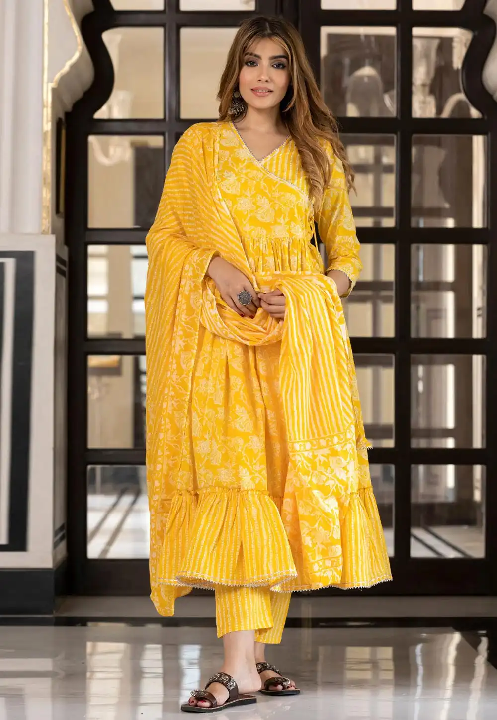 Yellow Cotton Readymade Anarkali Suit 321736