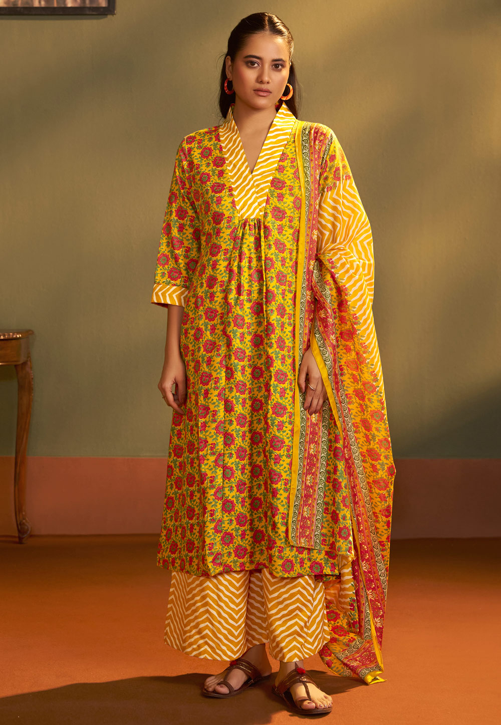 Yellow Cotton Readymade Anarkali Suit 321854