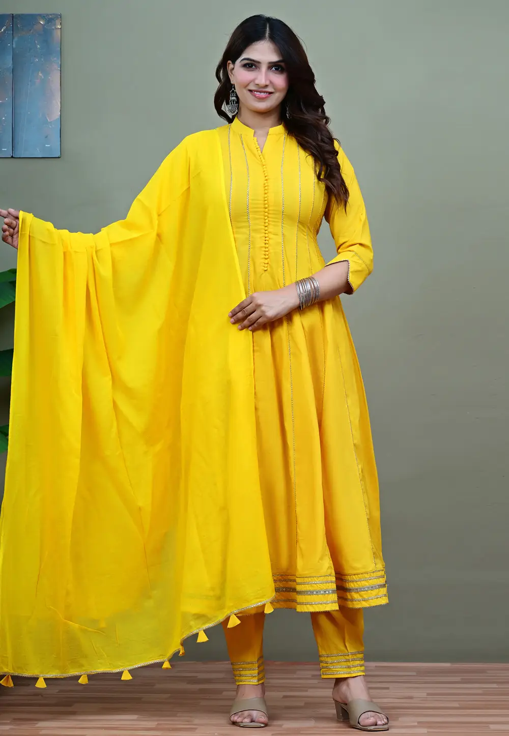 Yellow Cotton Readymade Anarkali Suit 335813