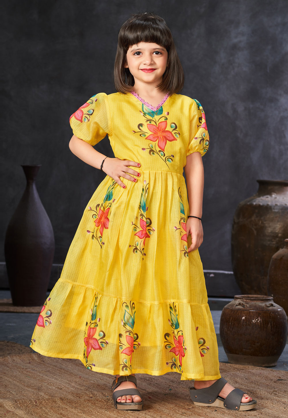 Yellow Cotton Readymade Kids Gown 284479