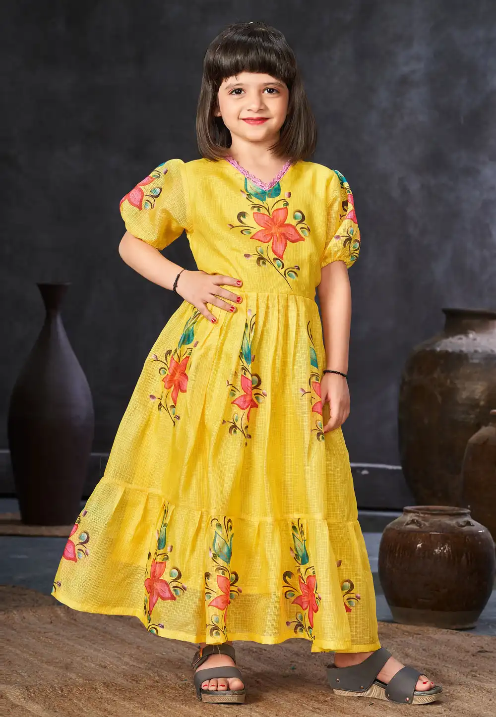 Yellow Cotton Readymade Kids Gown 284479