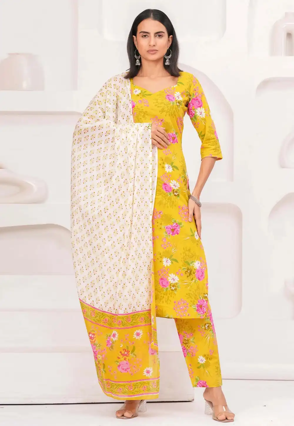 Yellow Cotton Readymade Pakistani Suit 314846