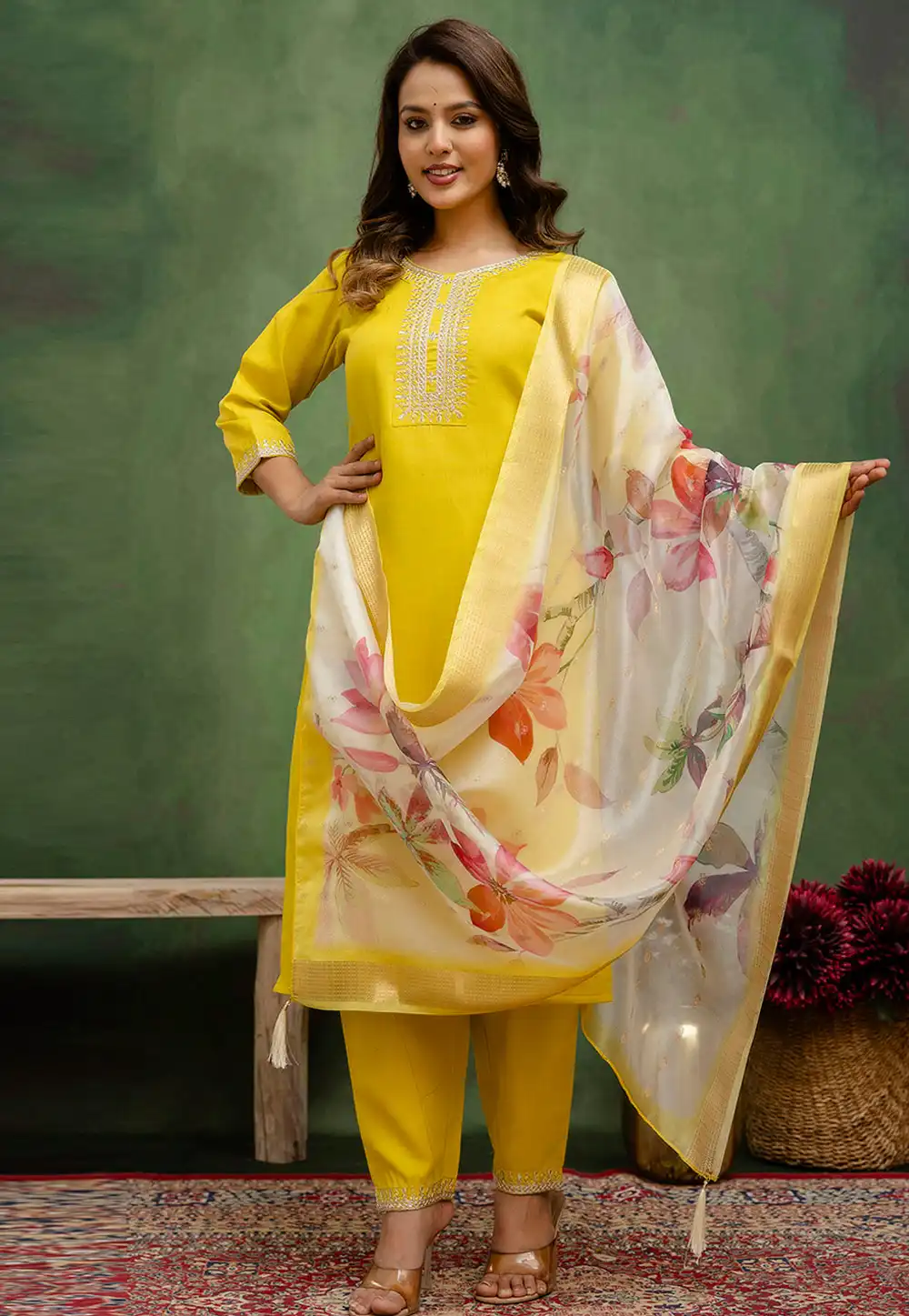 Yellow Cotton Readymade Pakistani Suit 313847