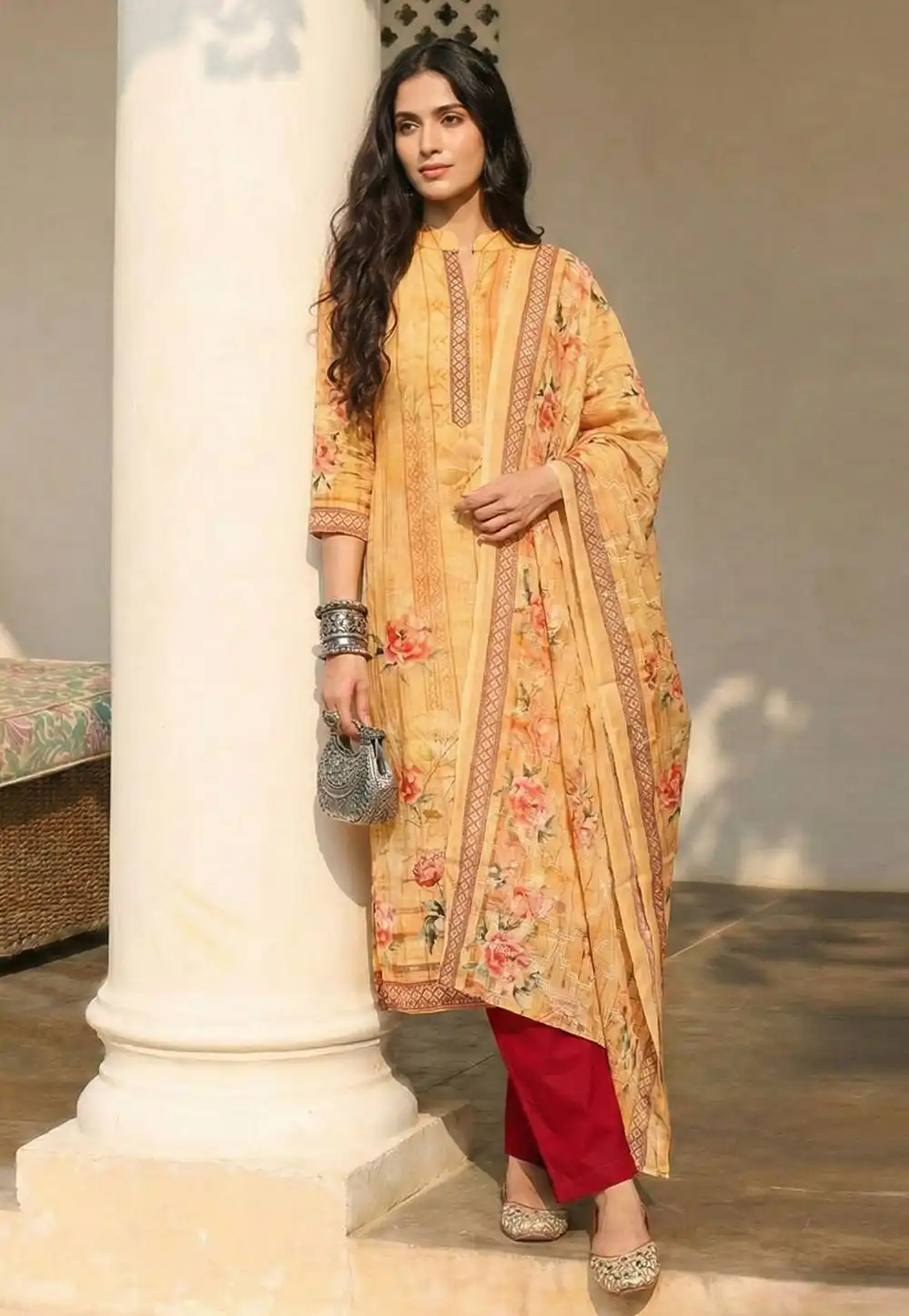 Yellow Cotton Readymade Pakistani Suit 326410