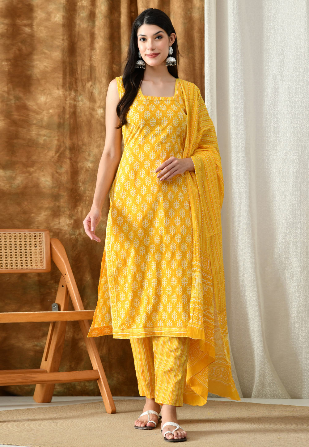 Yellow Cotton Readymade Pakistani Suit 321800