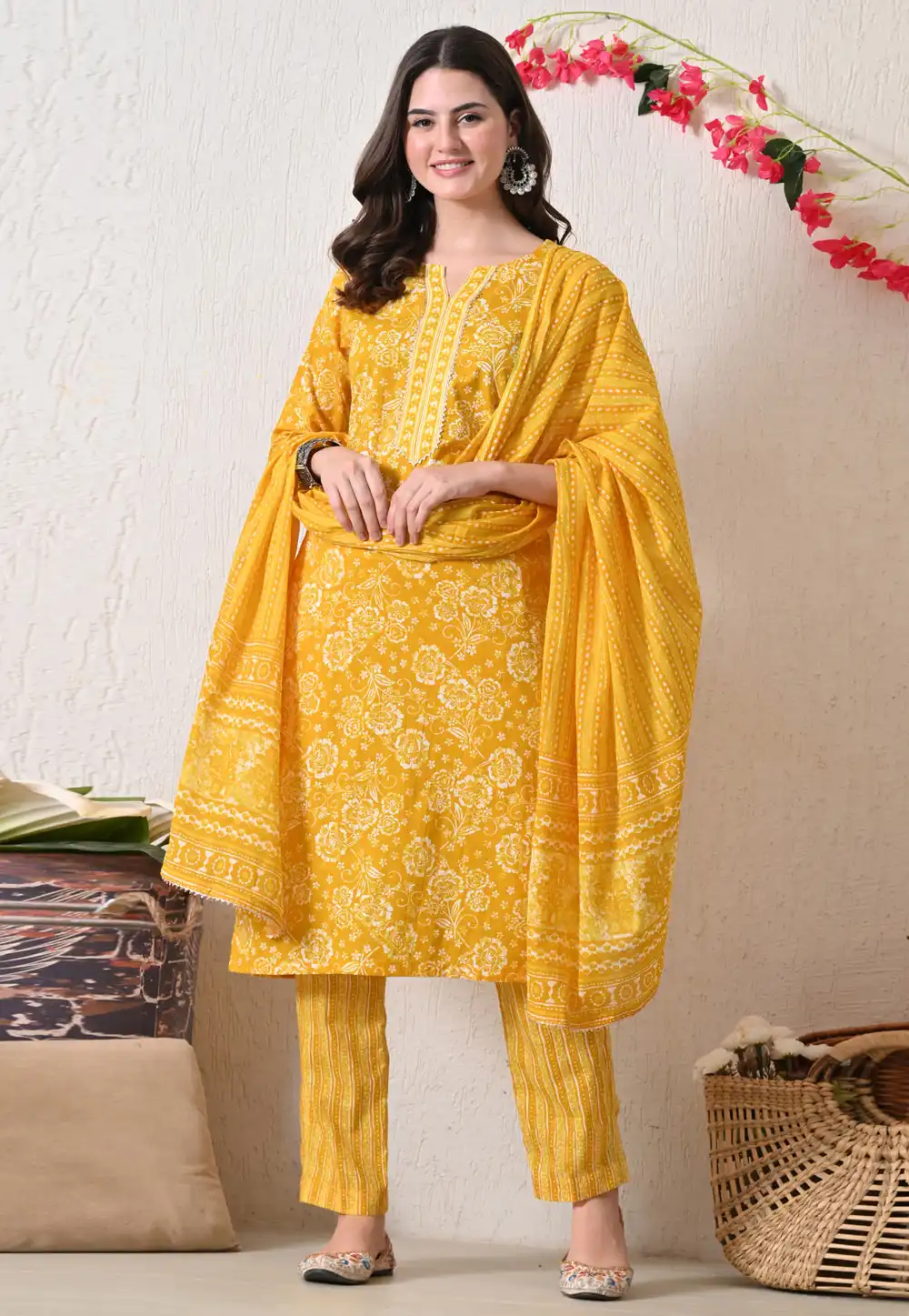Yellow Cotton Readymade Pakistani Suit 321791