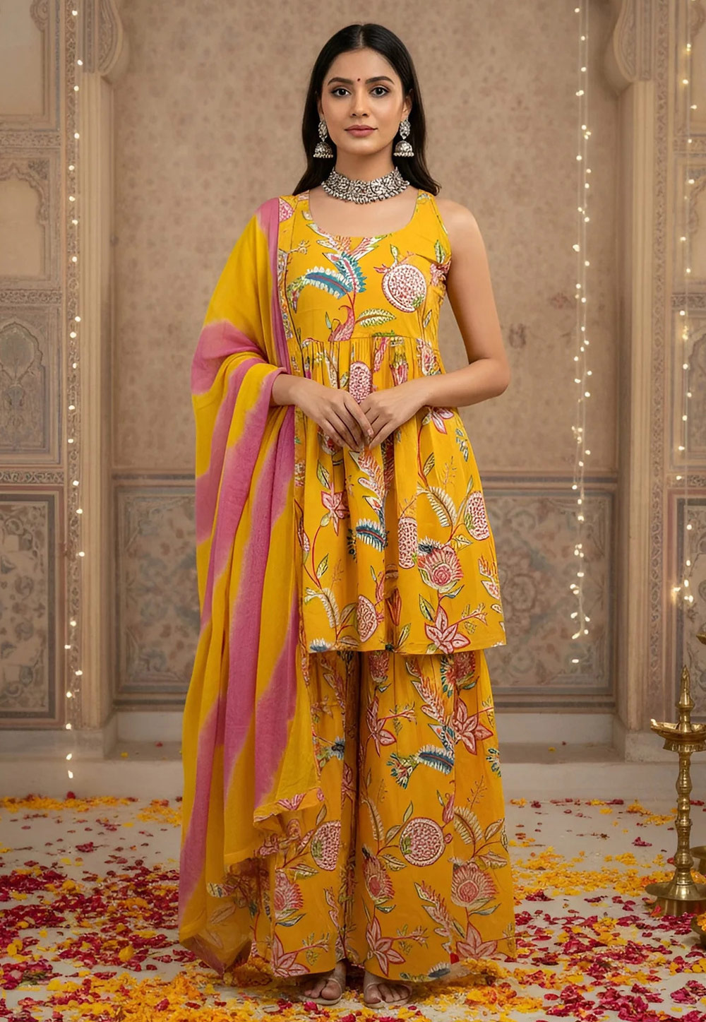 Yellow Cotton Readymade Palazzo Suit 326204