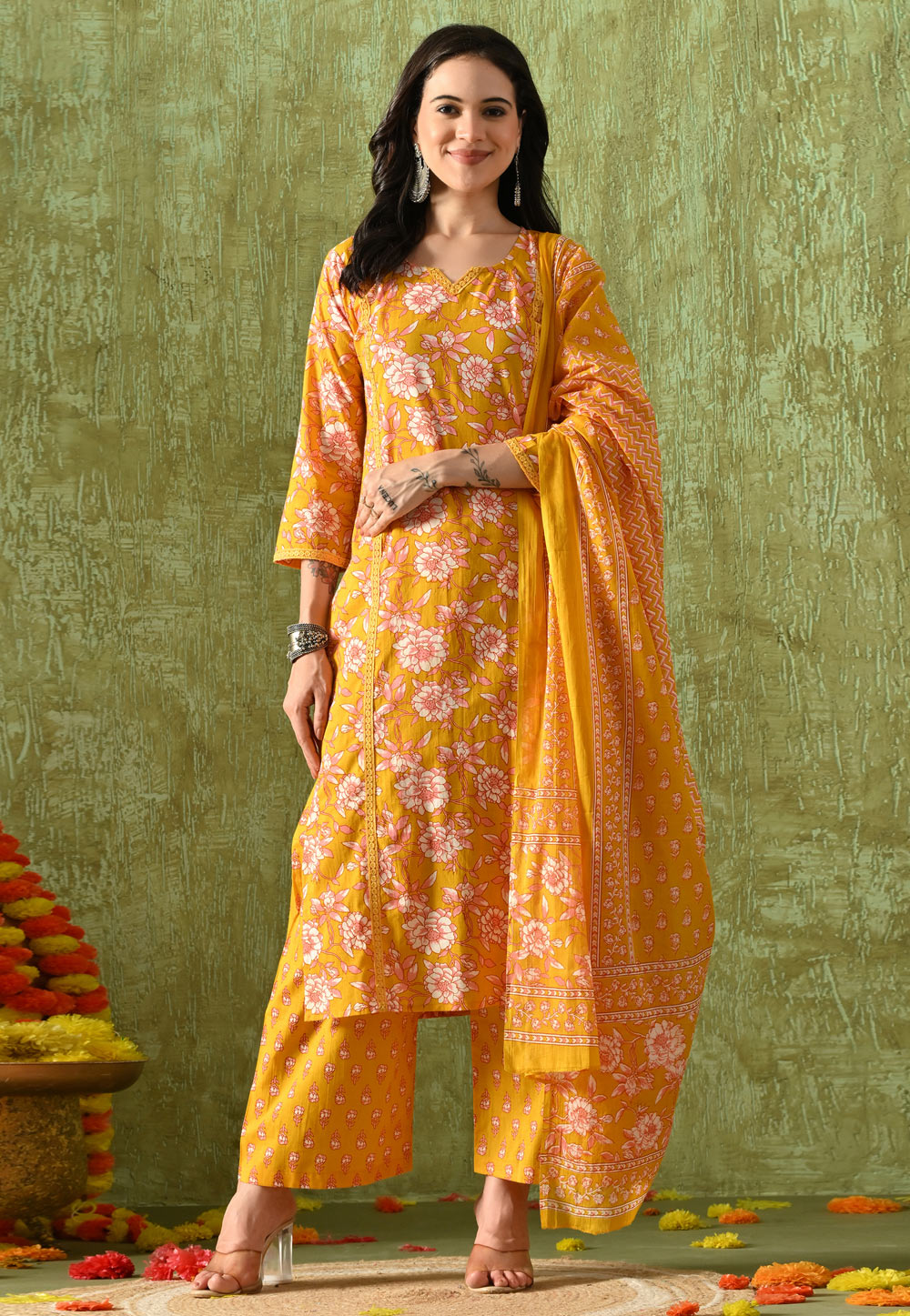 Yellow Cotton Readymade Palazzo Suit 321792