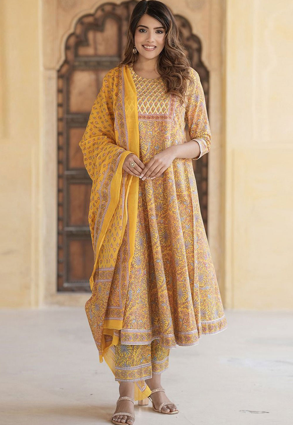 Yellow Cotton Readymade Pant Style Suit 308049