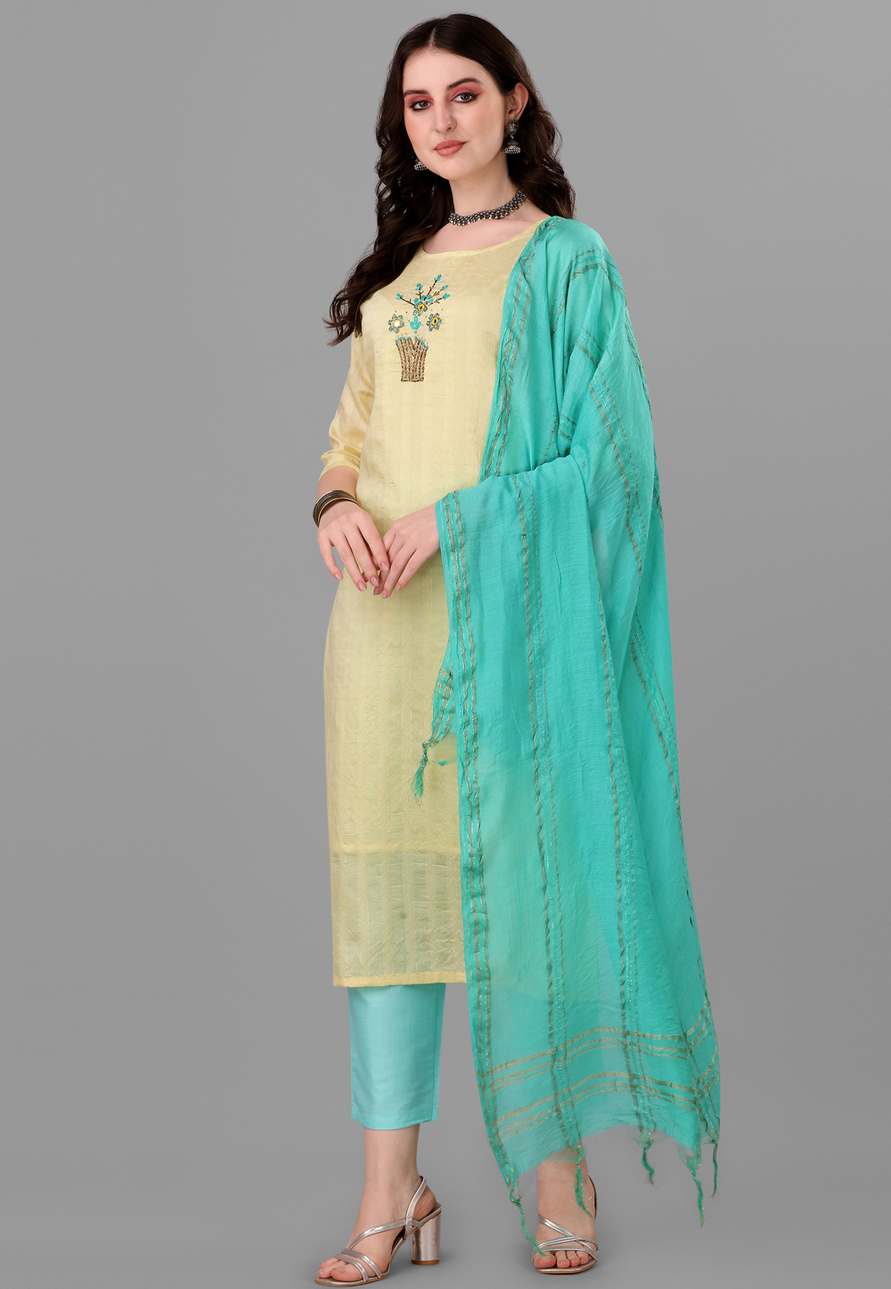 Yellow Cotton Readymade Pant Style Suit 307904
