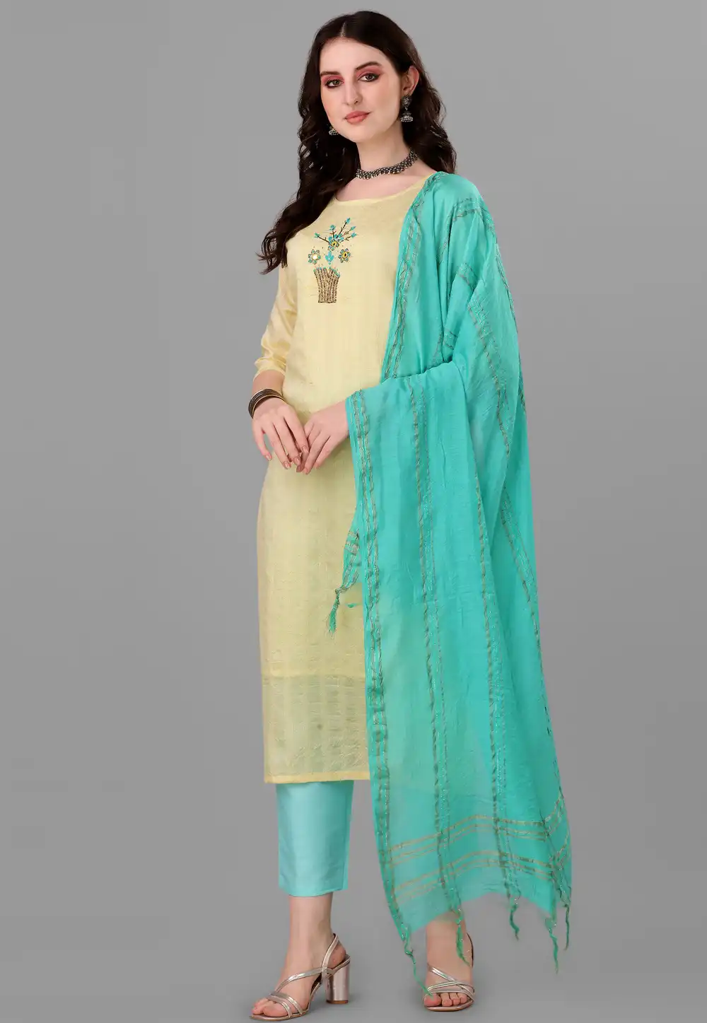 Yellow Cotton Readymade Pant Style Suit 307904
