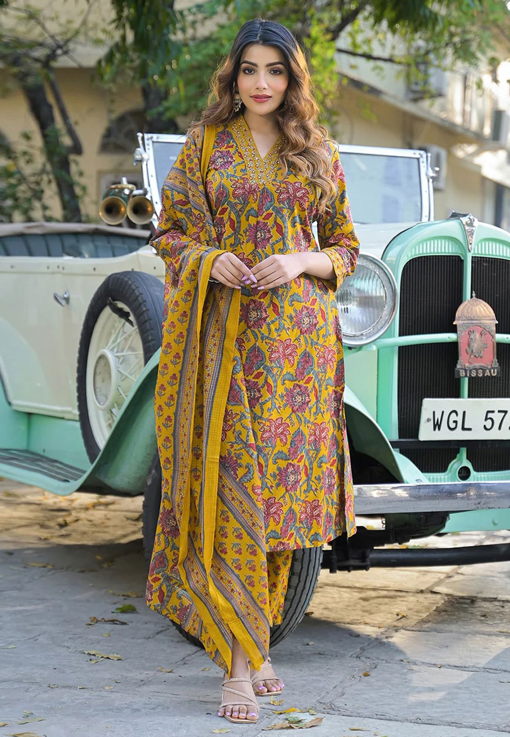 Yellow Cotton Readymade Pant Style Suit 319087