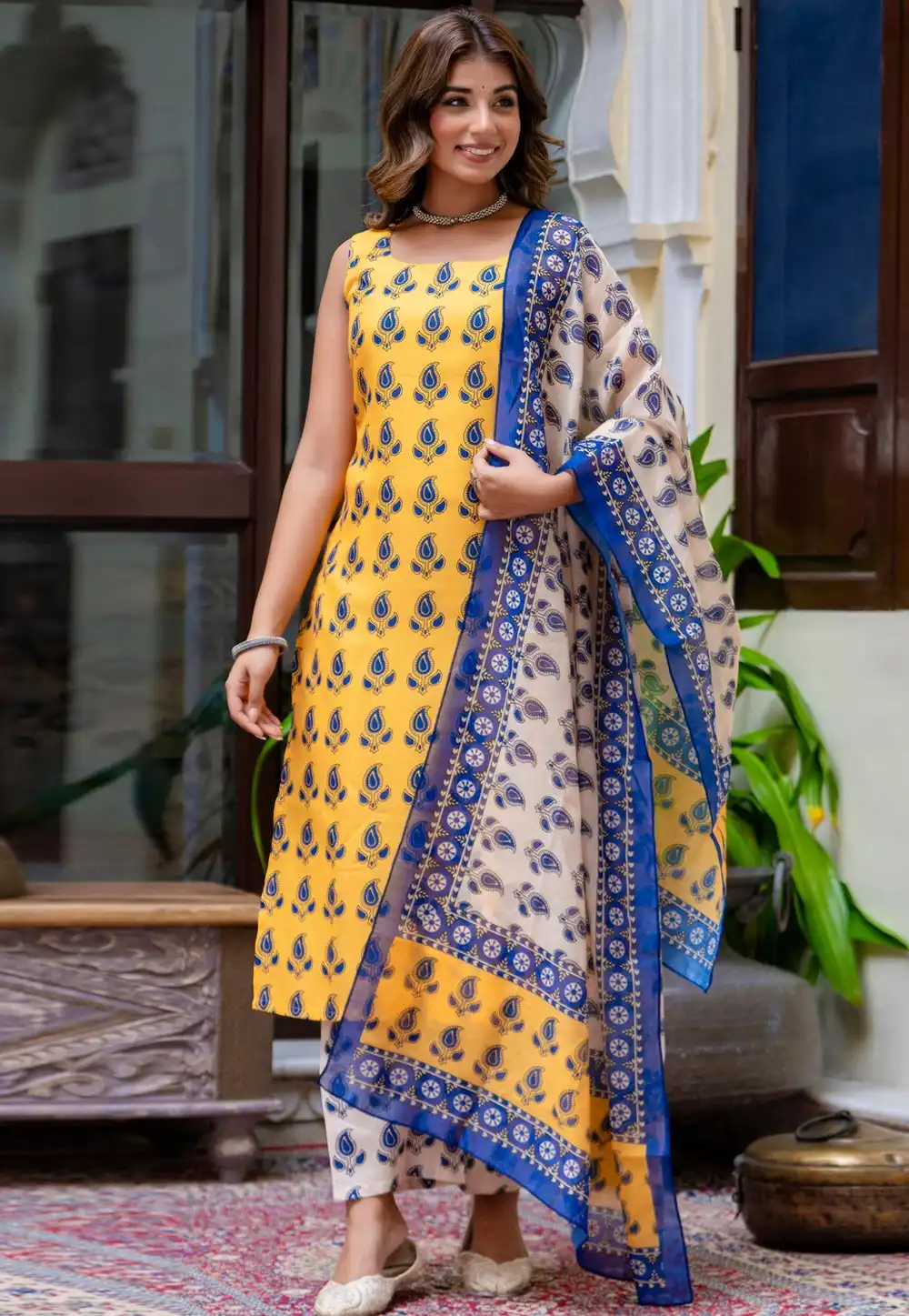 Yellow Cotton Readymade Pant Style Suit 326245