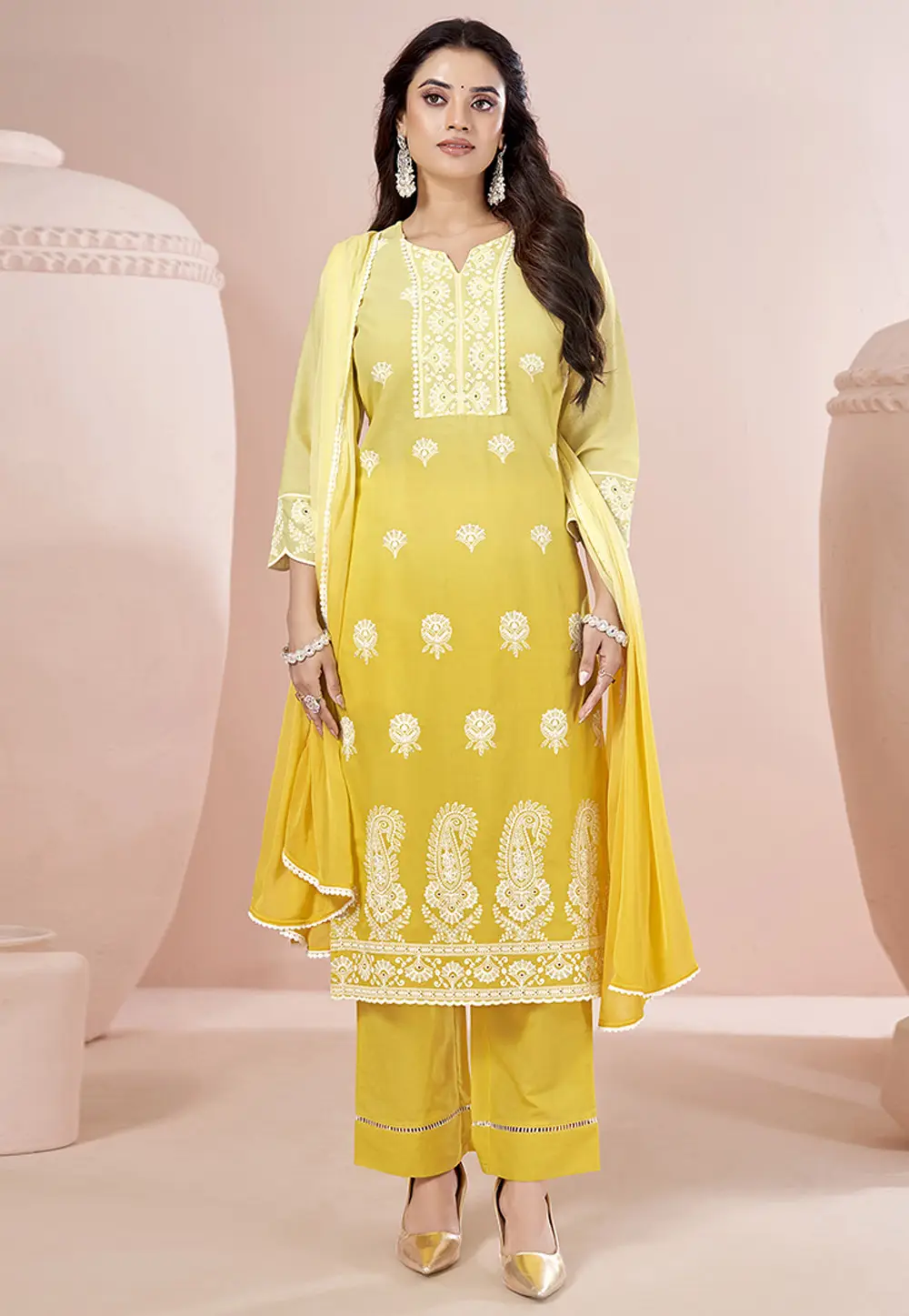 Yellow Cotton Readymade Straight Suit 334206