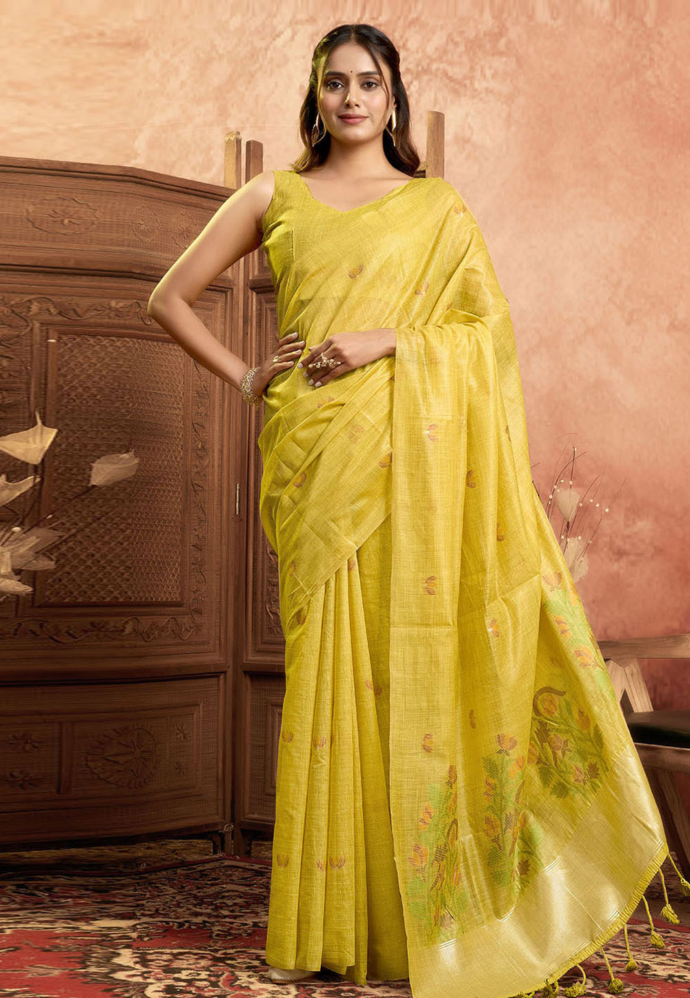 Yellow Cotton Saree With Blouse 312513