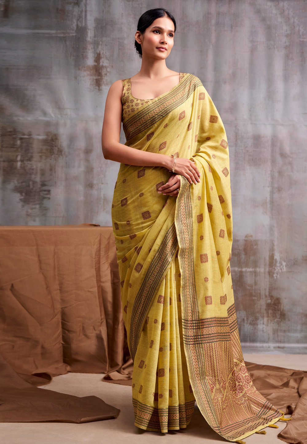 Yellow Cotton Saree With Blouse 328459