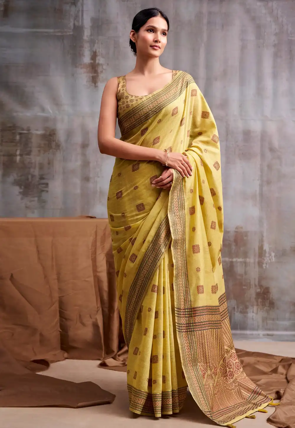 Yellow Cotton Saree With Blouse 328459