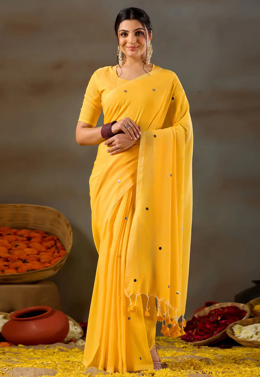 Yellow Cotton Saree With Blouse 332693