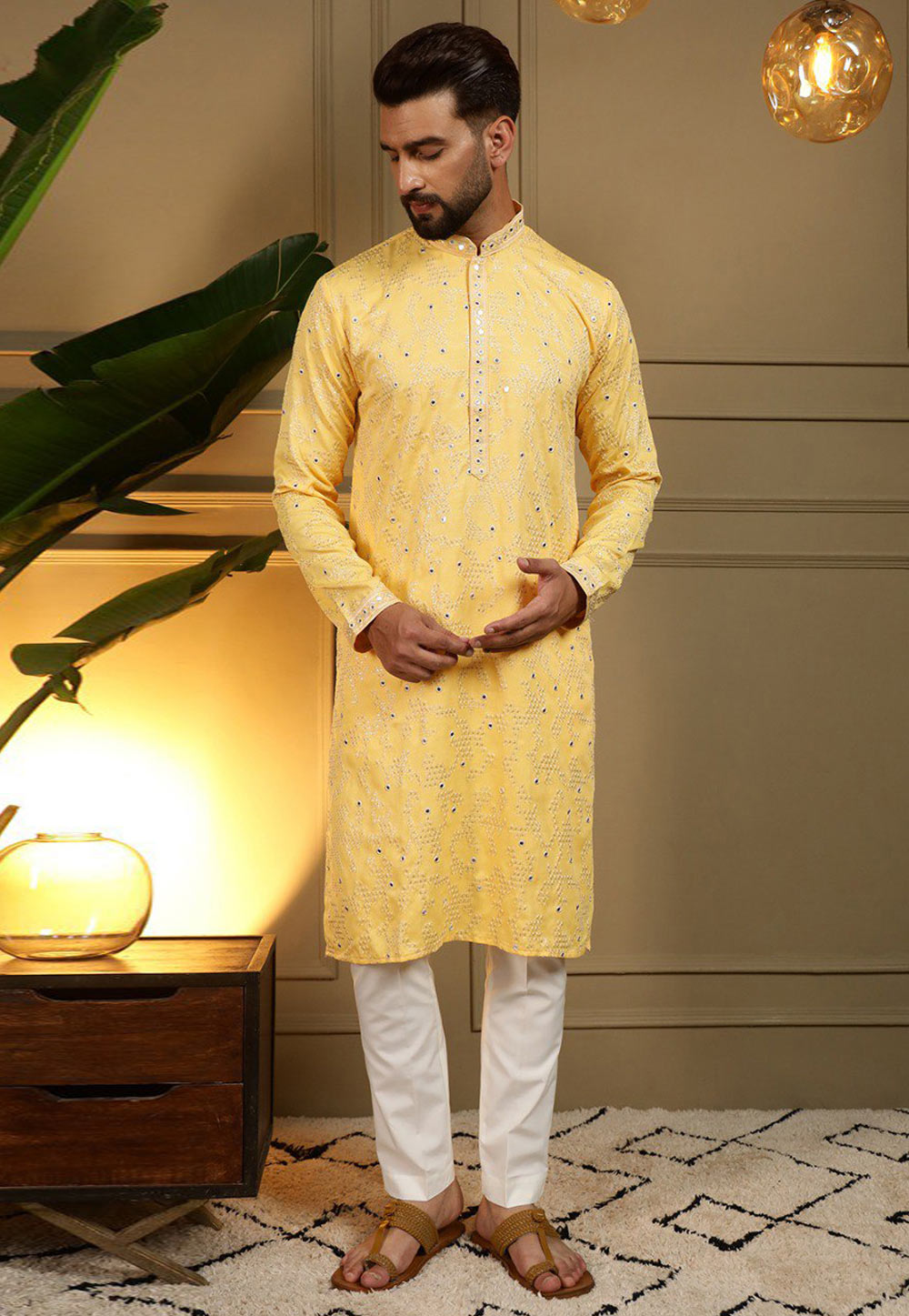 Yellow Cotton Silk Kurta Pajama 325860