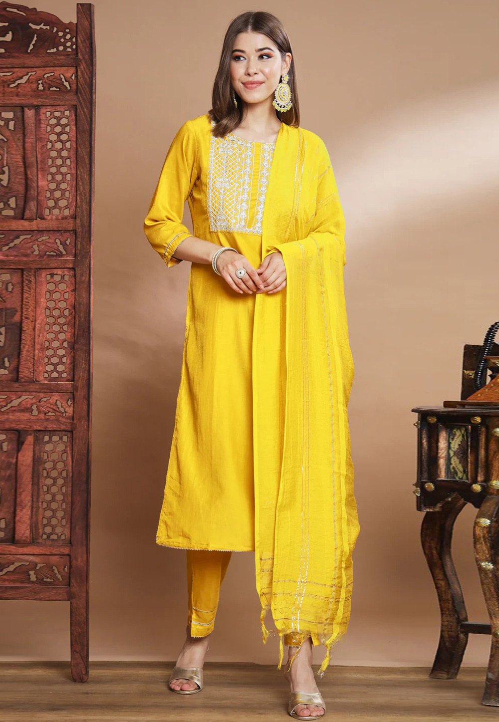 Yellow Cotton Silk Readymade Pakistani Suit 307897