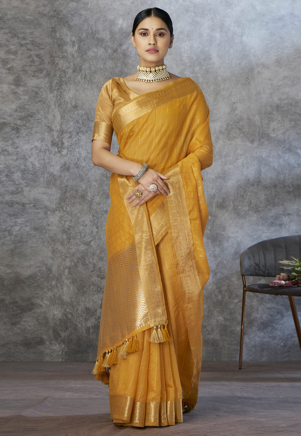 Yellow Cotton Silk Saree With Blouse 325882
