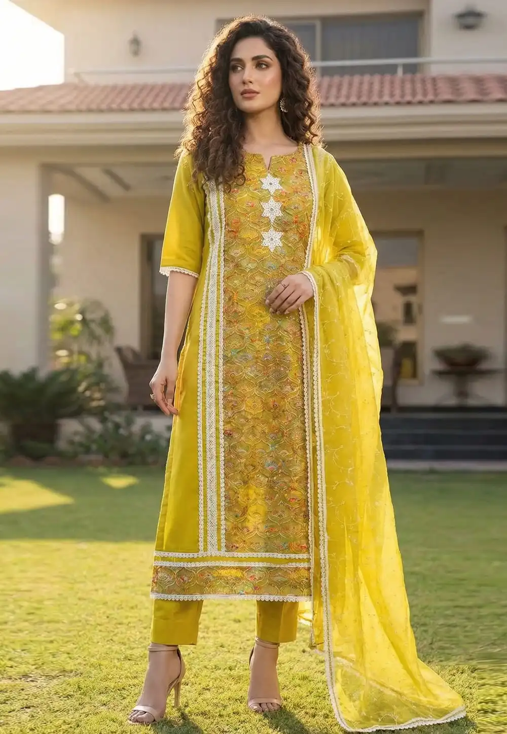 Yellow Cotton Silk Straight Suit 326486