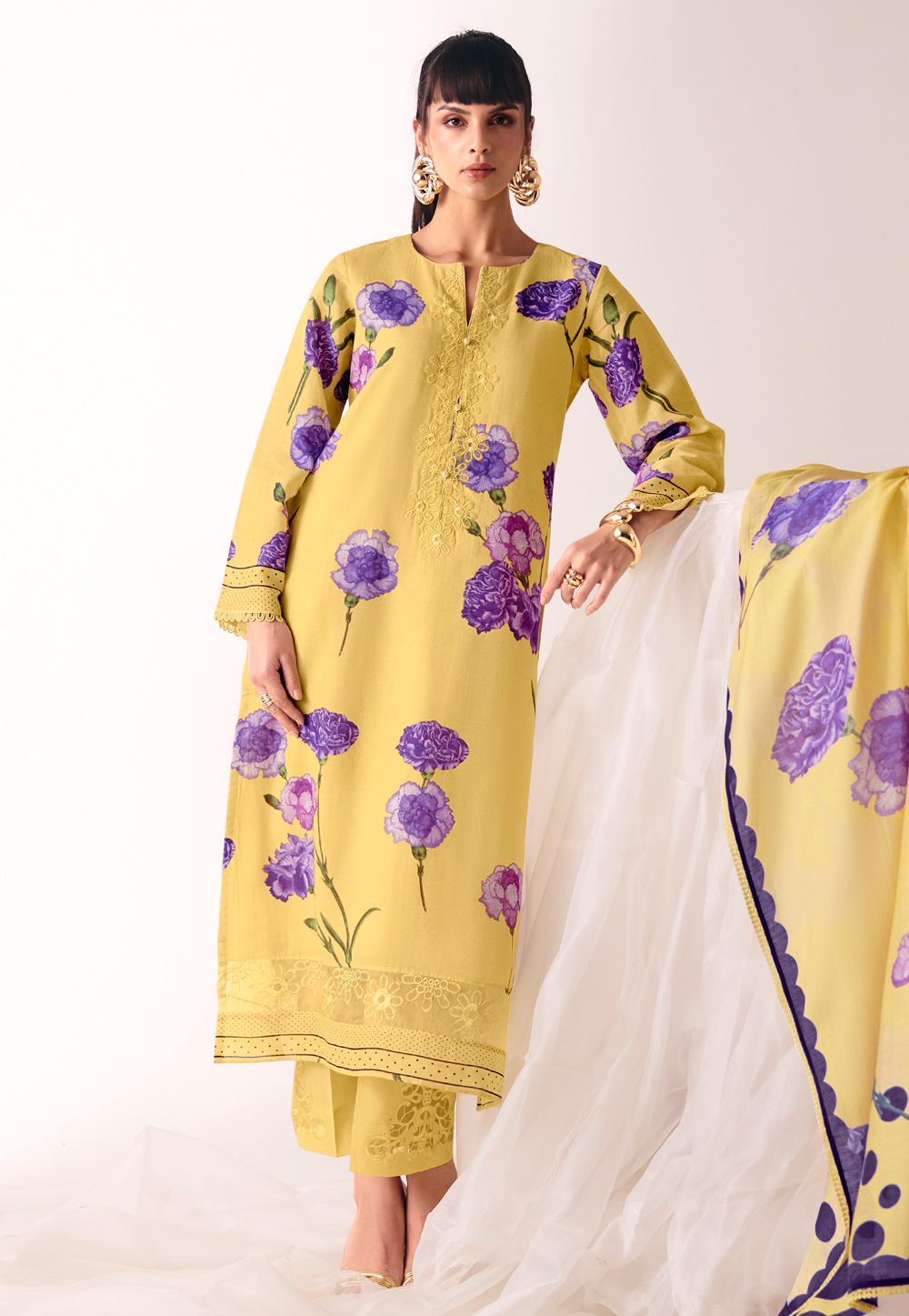 Yellow Cotton Straight Suit 326345