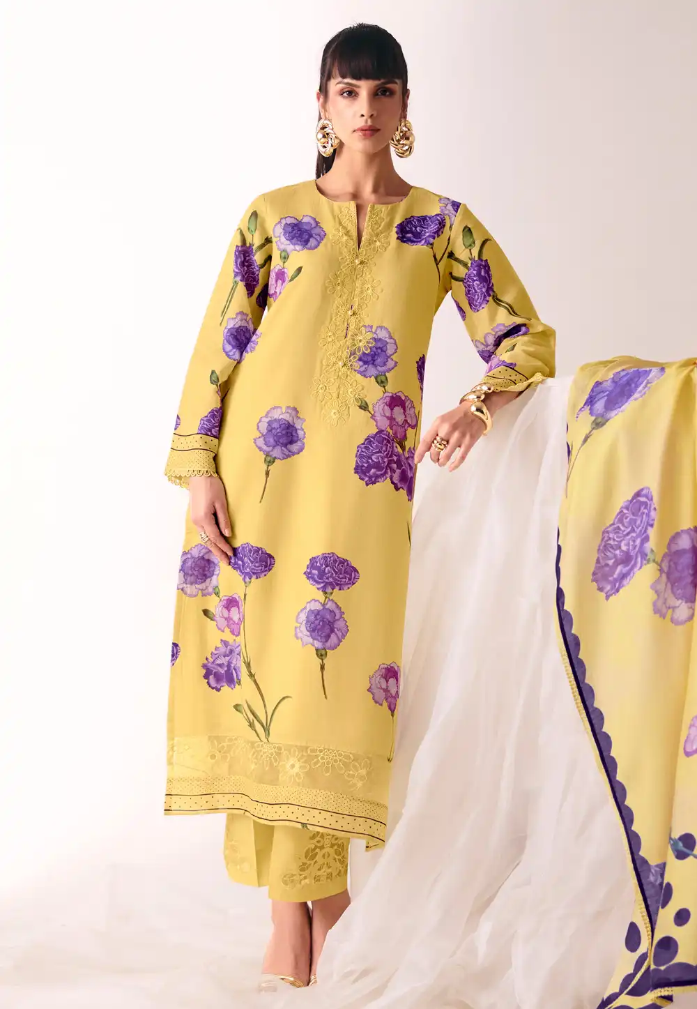 Yellow Cotton Straight Suit 326345