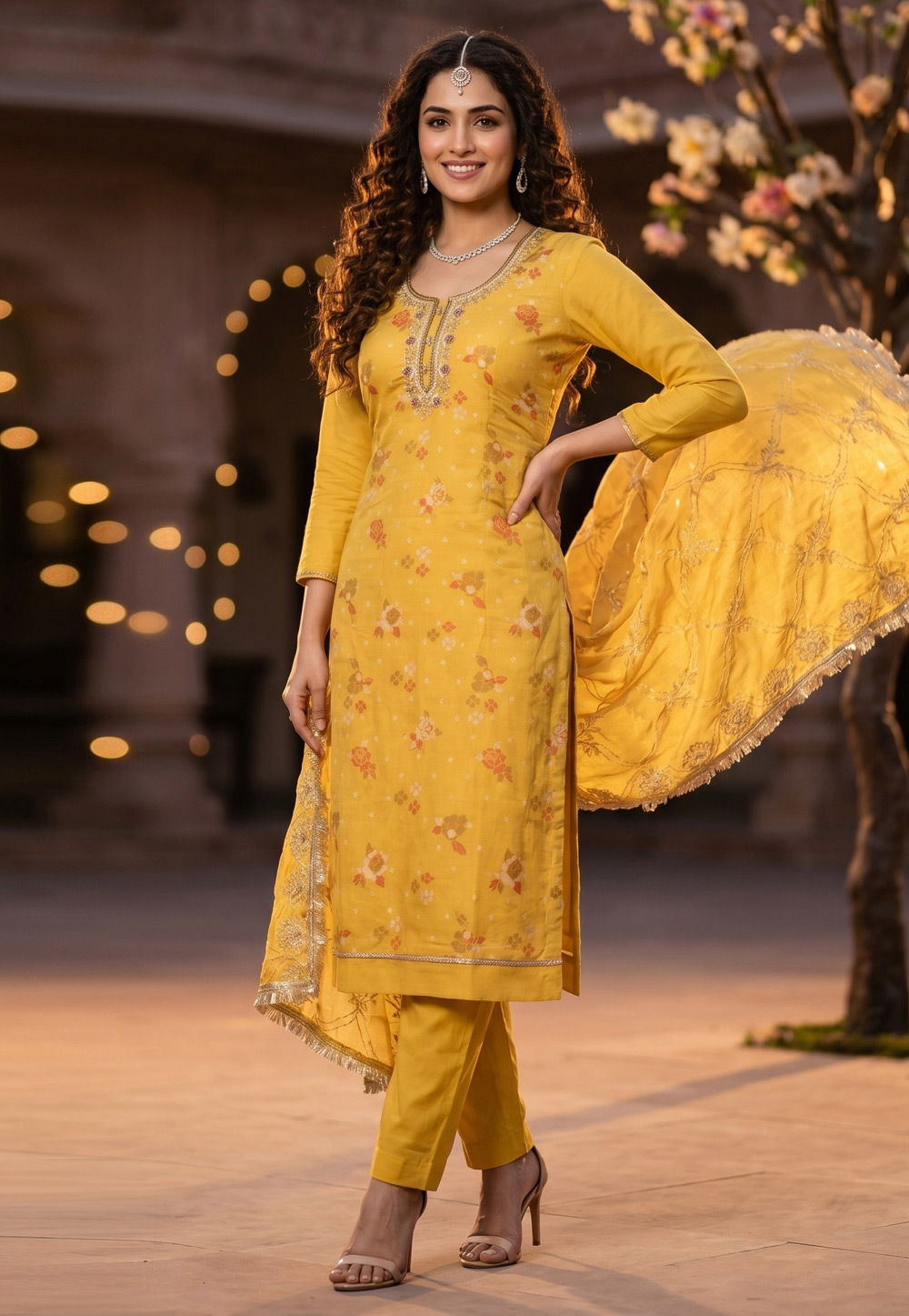 Yellow Cotton Straight Suit 328379