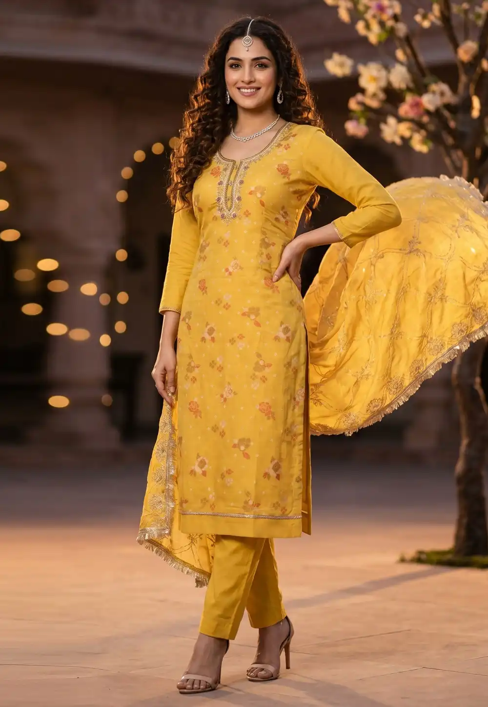 Yellow Cotton Straight Suit 328379