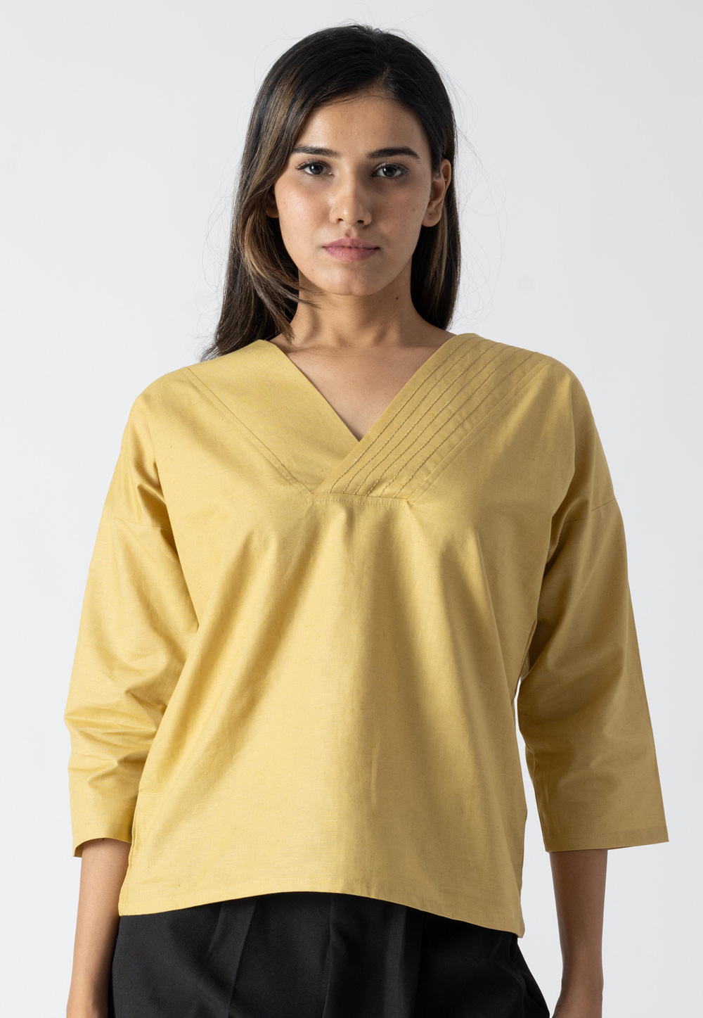 Yellow Cotton V Neck Top 313274