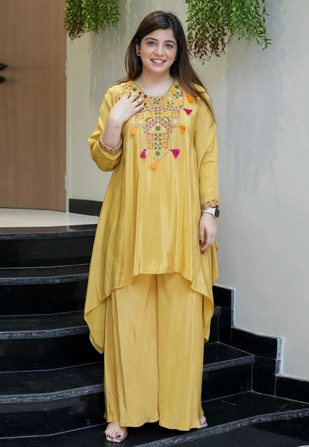 Yellow Crepe Asymmetrical Salwar Kameez 321714