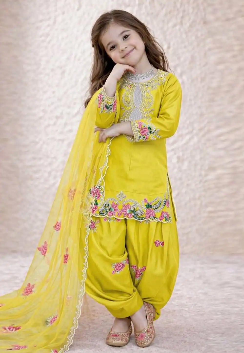 Yellow Crepe Kids Patiala Suit 327504