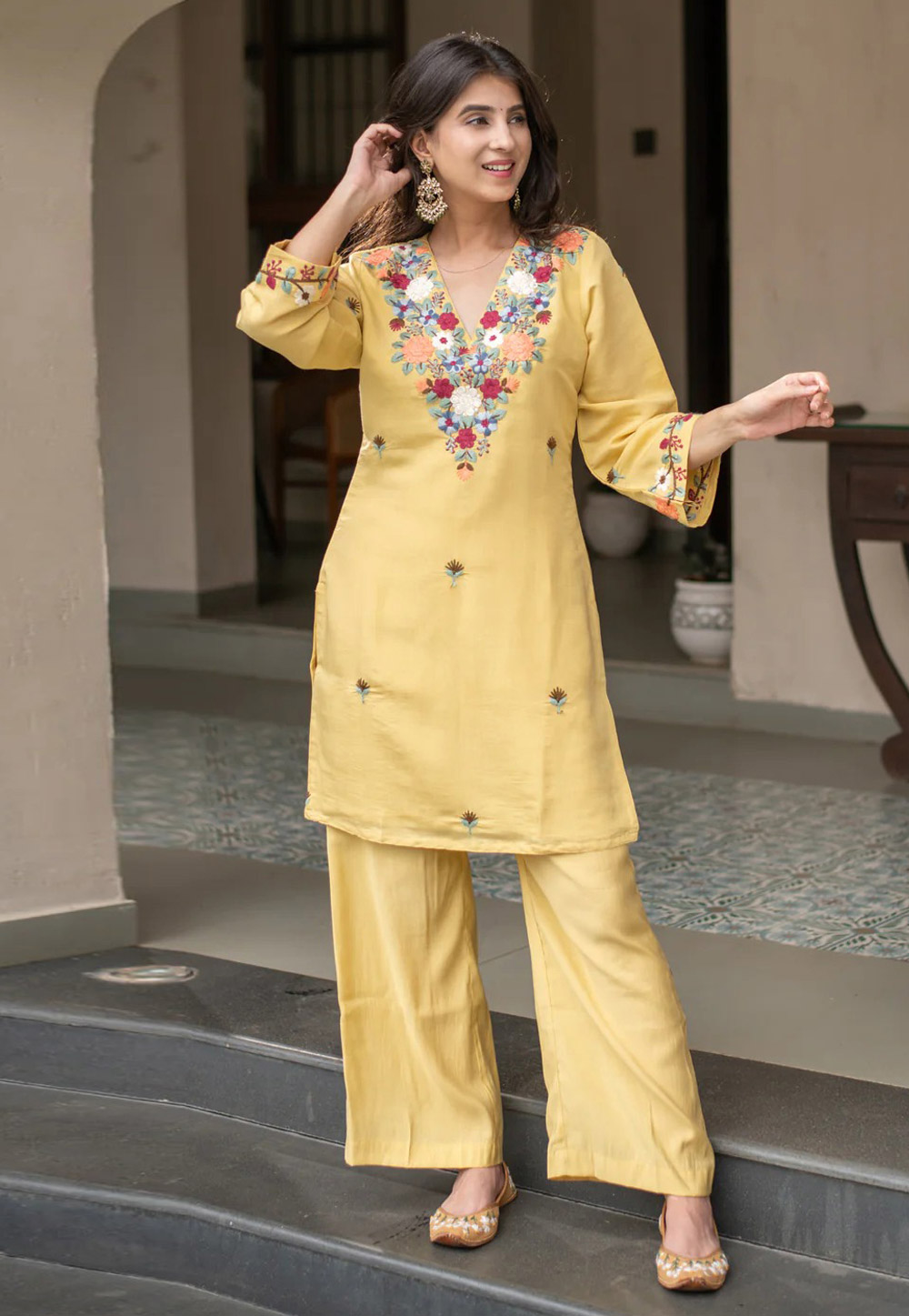 Yellow Crepe Kurta Set With Palazzo 327263