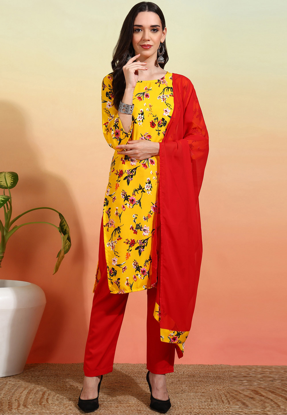 Yellow Crepe Readymade Pant Style Suit 308501