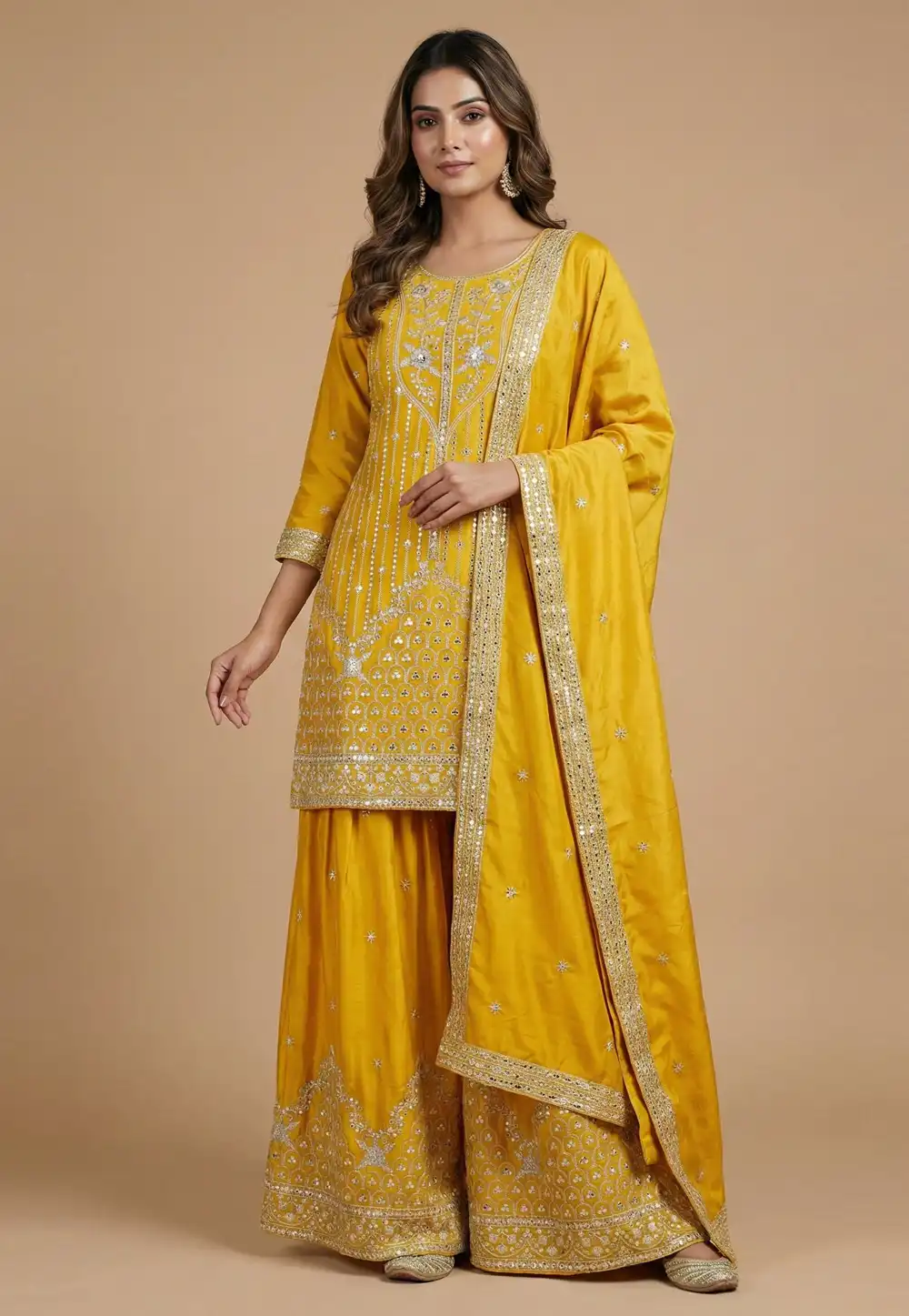 Yellow Crepe Readymade Sharara Suit 323845