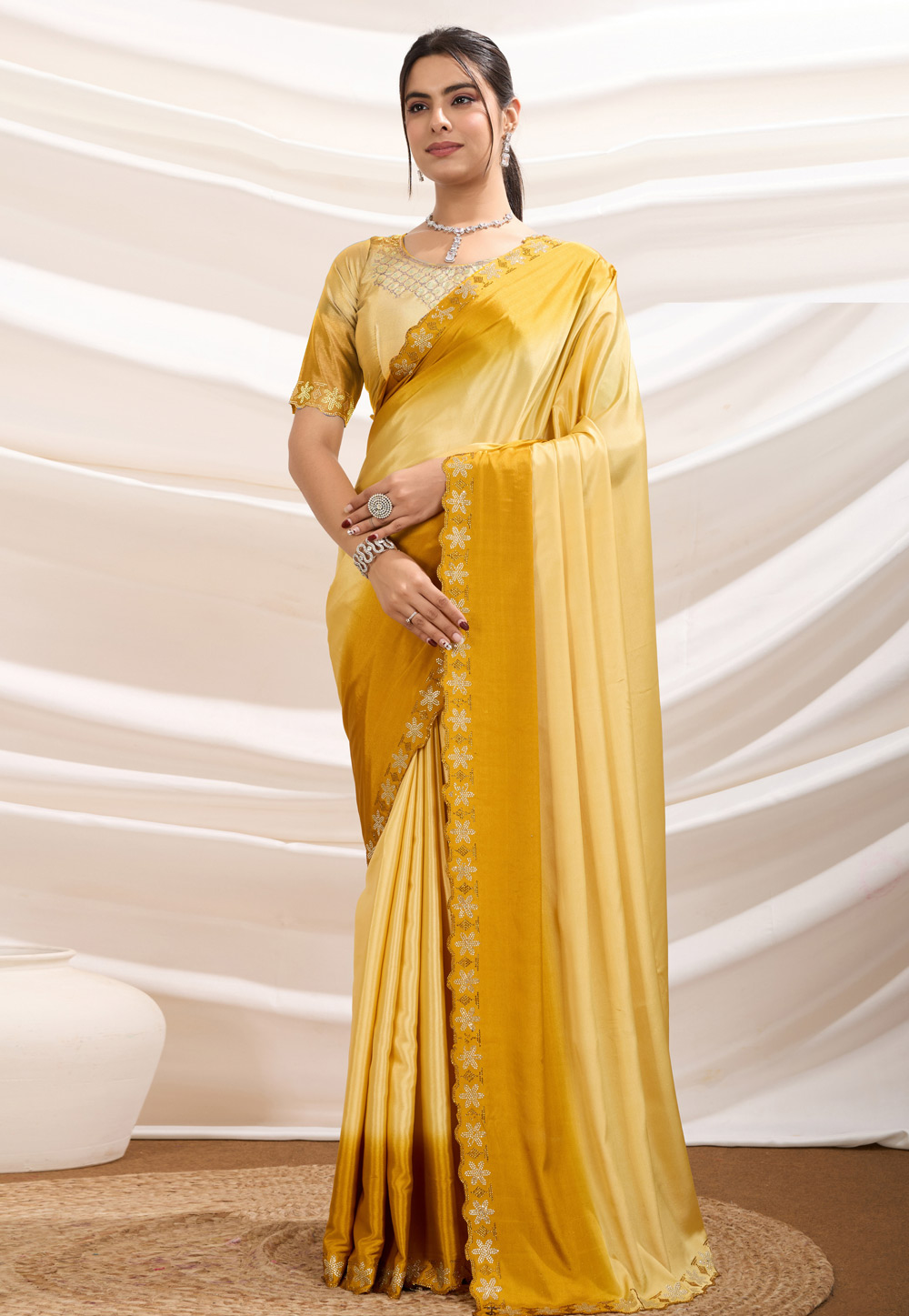 Yellow Crepe Saree With Blouse 308169