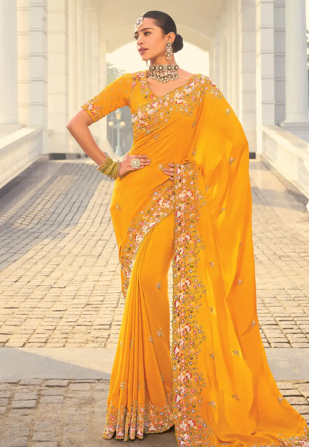 Yellow Crepe Saree With Blouse 306555