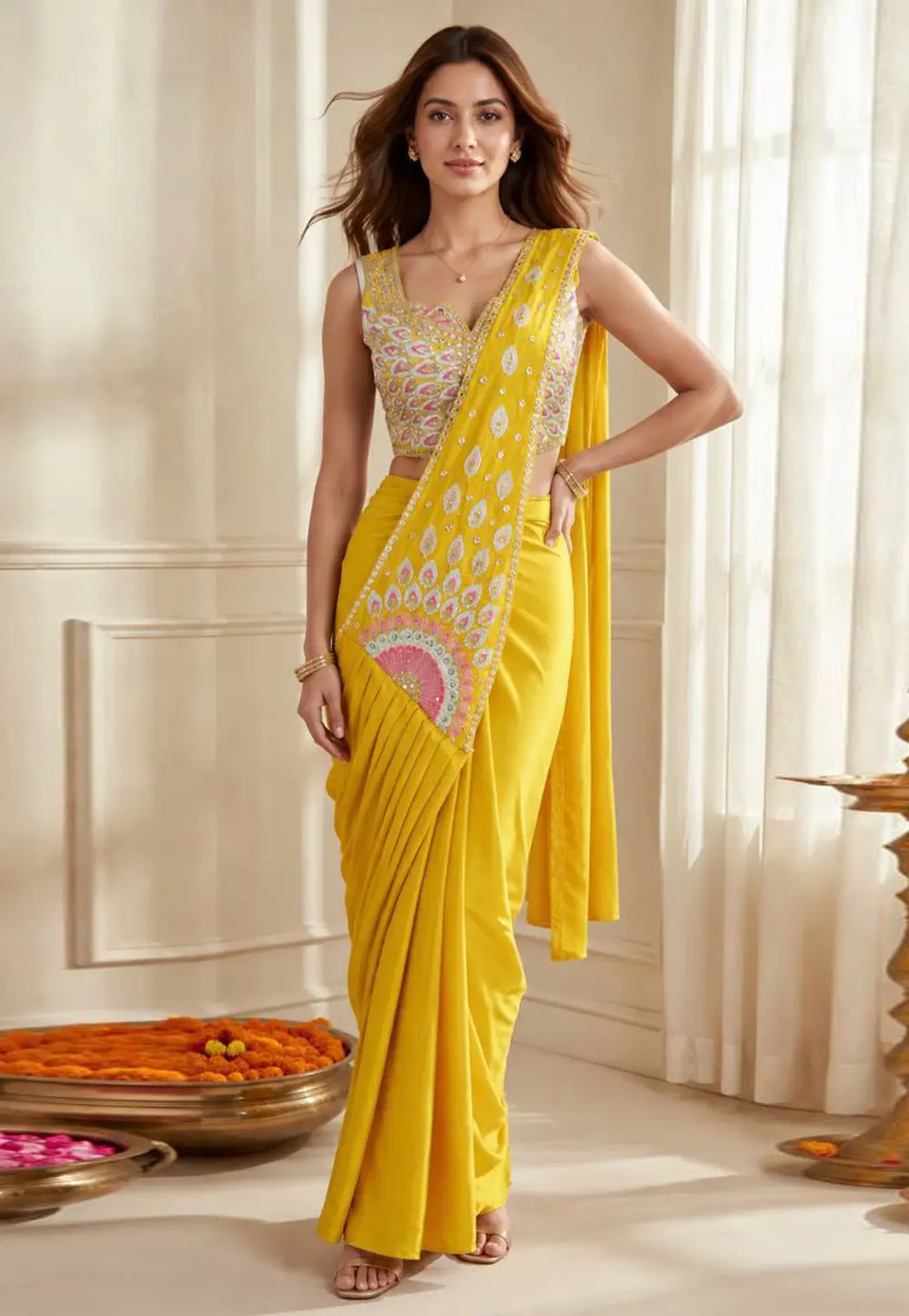 Yellow Crepe Silk Designer Saree 331519