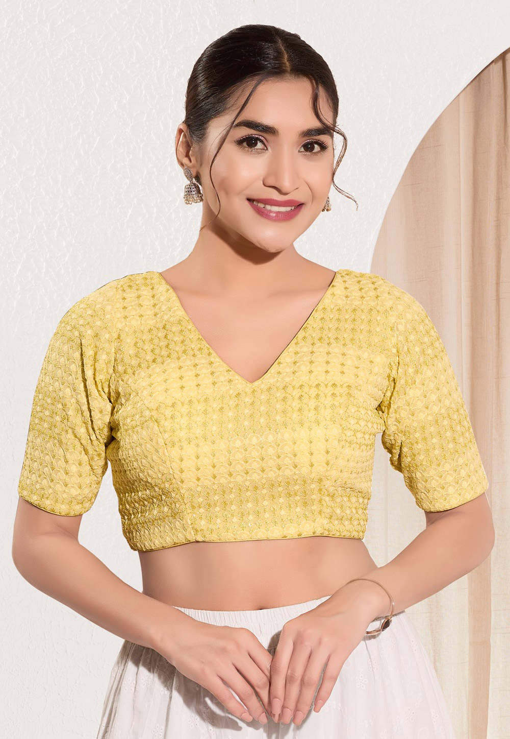 Yellow Crochet Readymade Blouse 311859