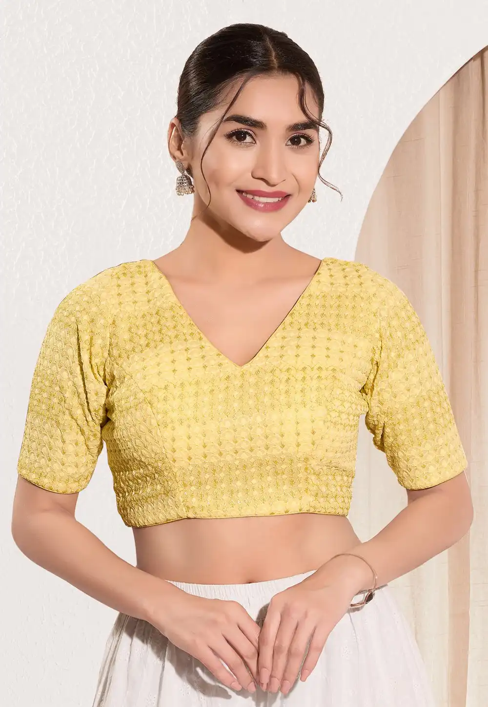 Yellow Crochet Readymade Blouse 311859