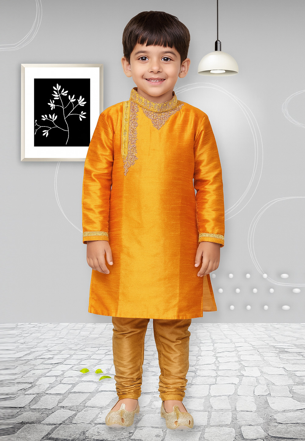 Yellow Dupion Silk Kids Kurta Pajama 320826