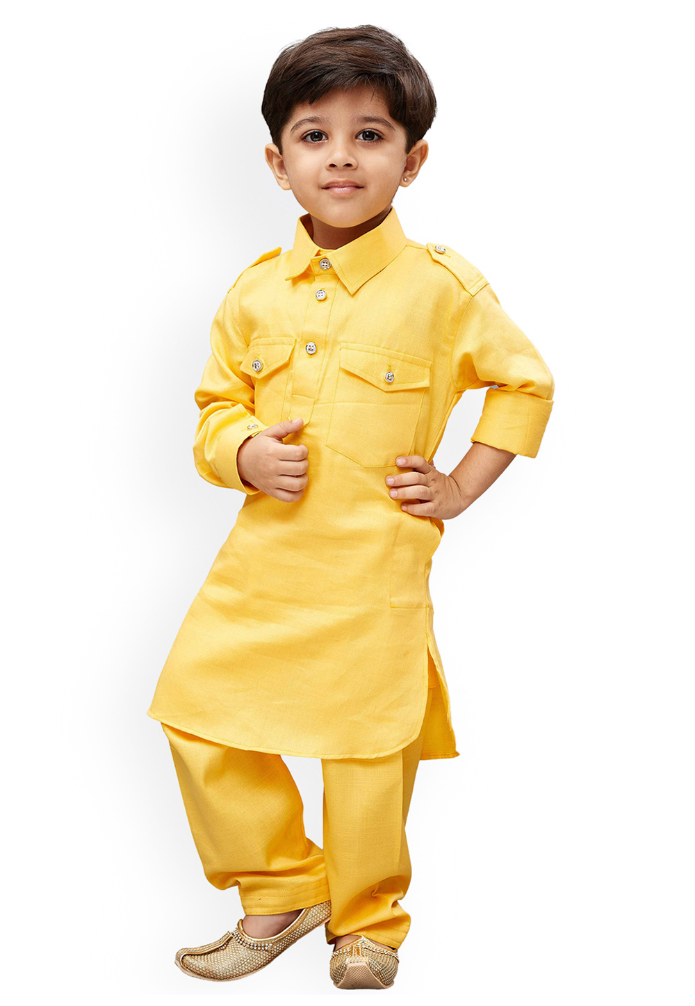 Yellow Dupion Silk Kids Pathani Suit 312078
