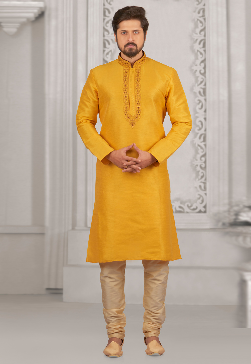 Yellow Dupion Silk Kurta Pajama 279696