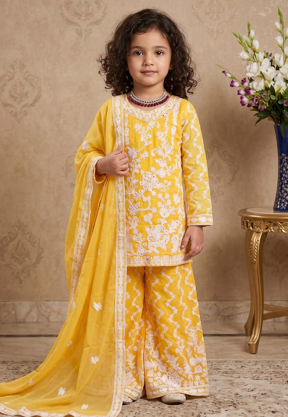 Yellow Faux Georgette Kids Palazzo Suit 329467