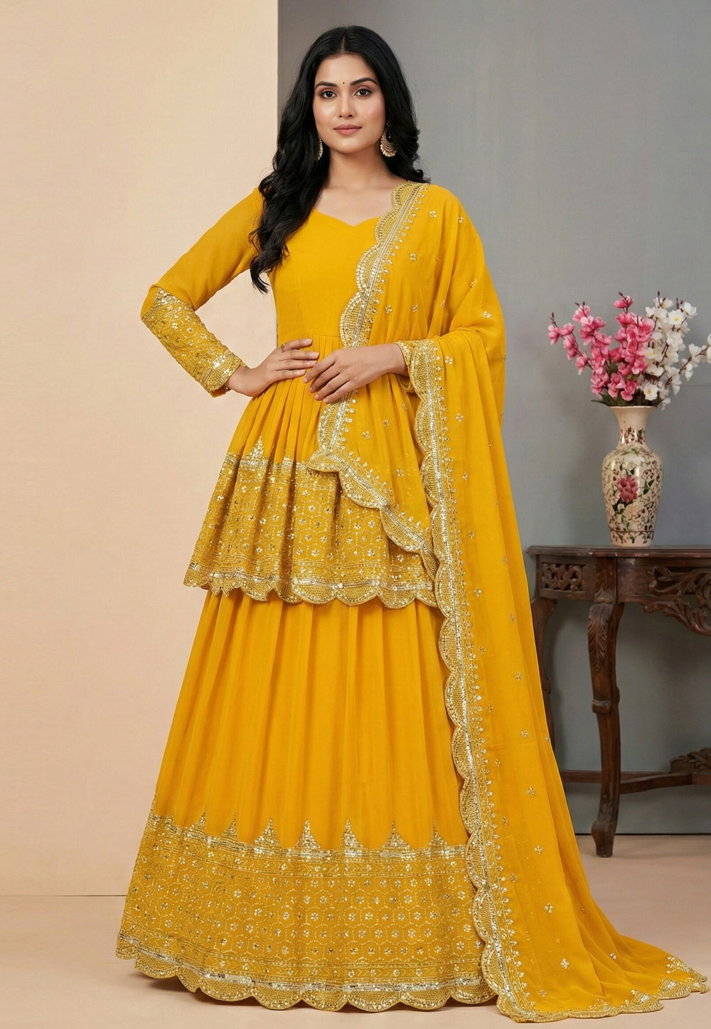 Yellow Faux Georgette Long Choli Lehenga 324160