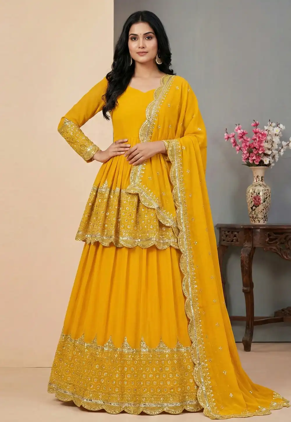 Yellow Faux Georgette Long Choli Lehenga 324160