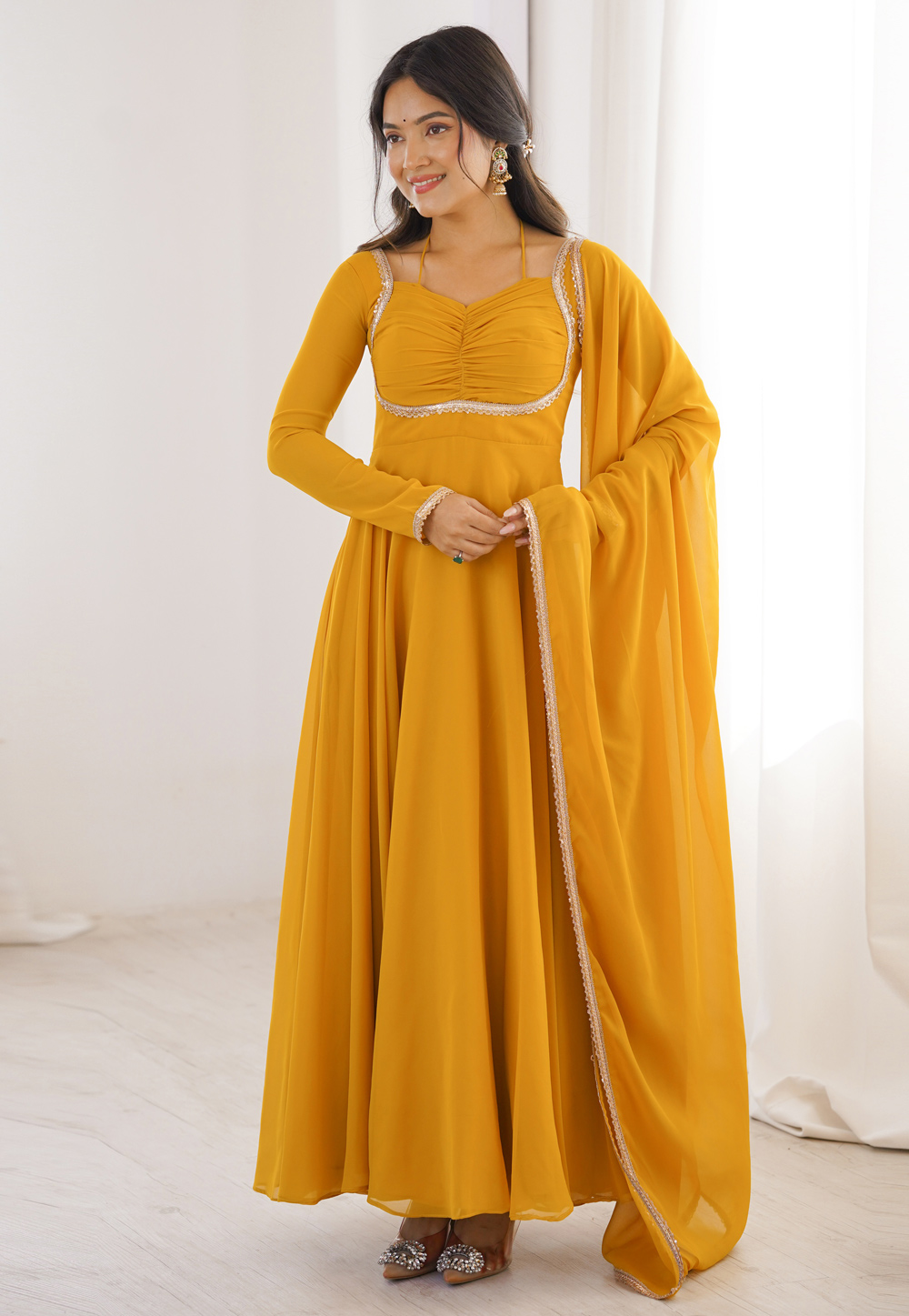 Yellow Faux Georgette Readymade Anarkali Suit 324739